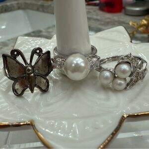 3pc Ring Lot Pearl & Butterfly Silver Tone Rings